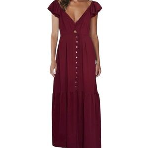 SHEIN Burgundy Flutter Sleeve Knot Twist Button-Front Boho Chic Maxi Dress XL